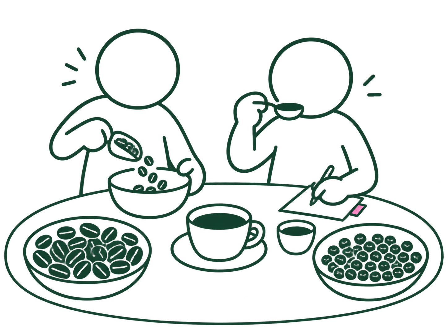 二人が豆を調合し、コーヒーを味わい、配合のメモを書き直している比喩の場面