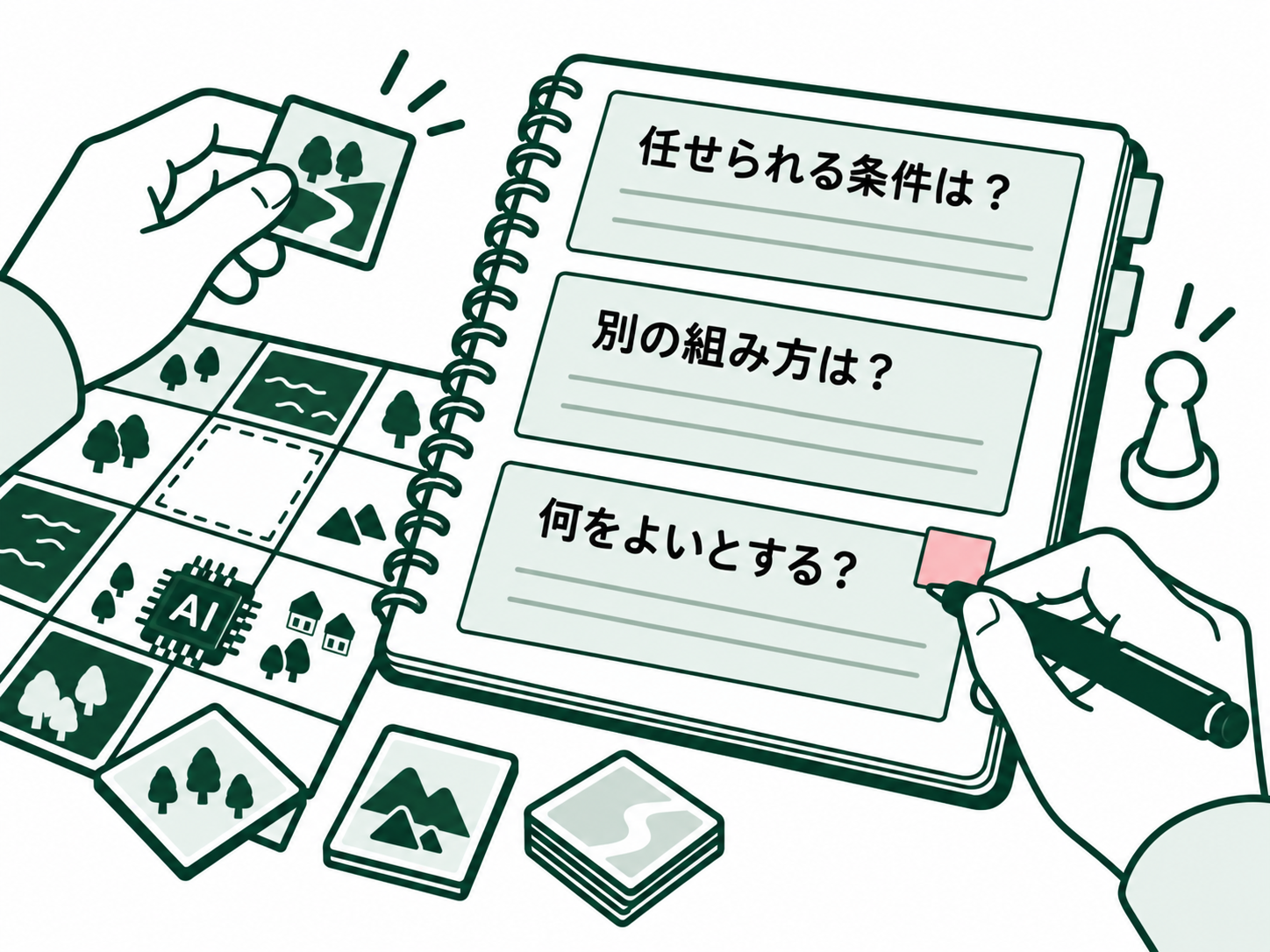 変化した盤面での経験を、任せられる条件や別の組み方、何をよいとするかという問いにしてノートへ残す